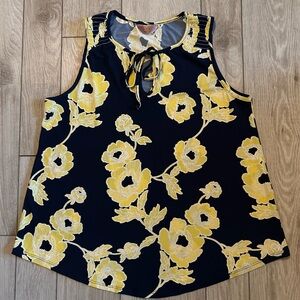 SJS Women’s Sleeveless Top- Size L -Navy Yellow Floral - Key Hole Neck Tie
